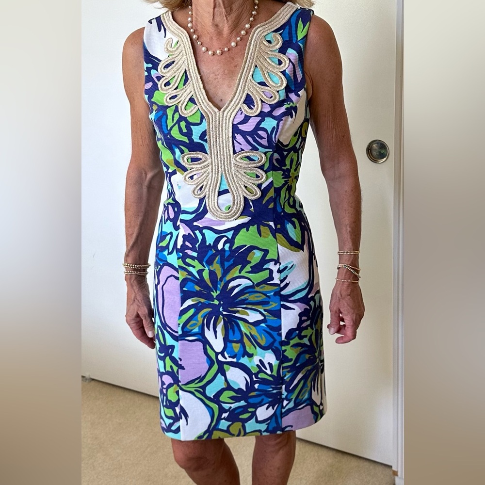 Lilly Pulitzer dressy afternoon dress, lined, with gold thread details